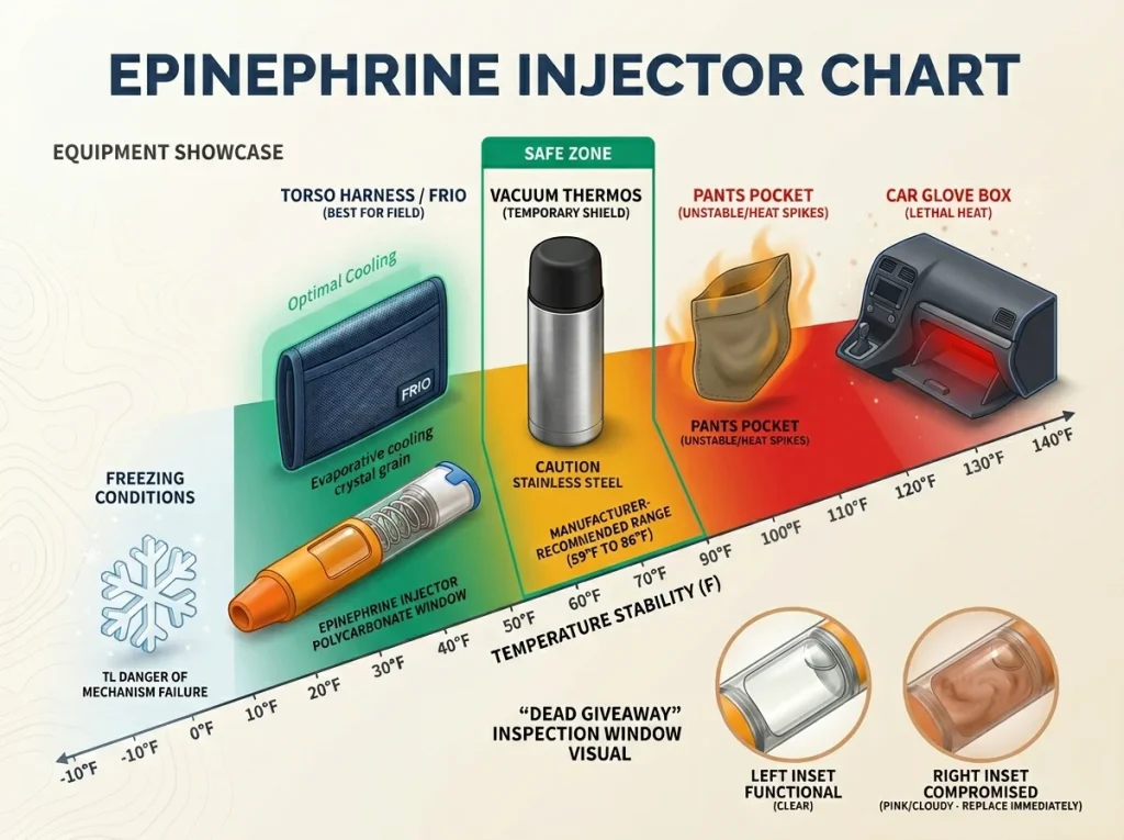 Temperature storage chart for epinephrine showing safe vs unsafe zones and inspection window clarity indicators.