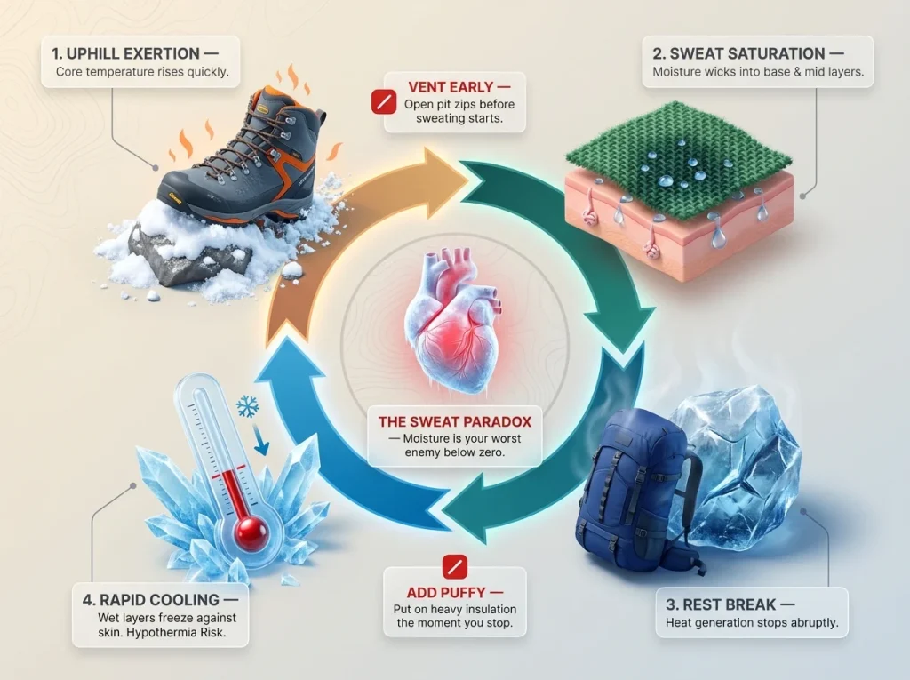 Infographic showing extreme cold sweat cycle risk with exertion phases, cooling drops, and venting interruption points