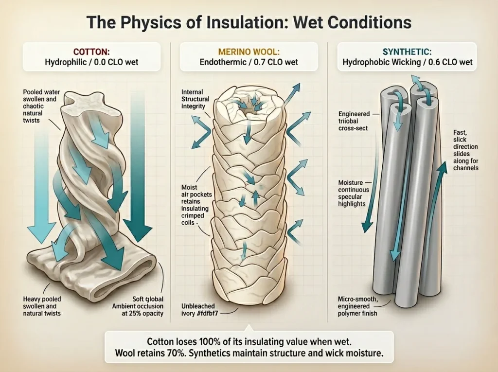 Infographic comparing cotton, merino wool, and synthetic polyester fibers under moisture absorption with CLO values