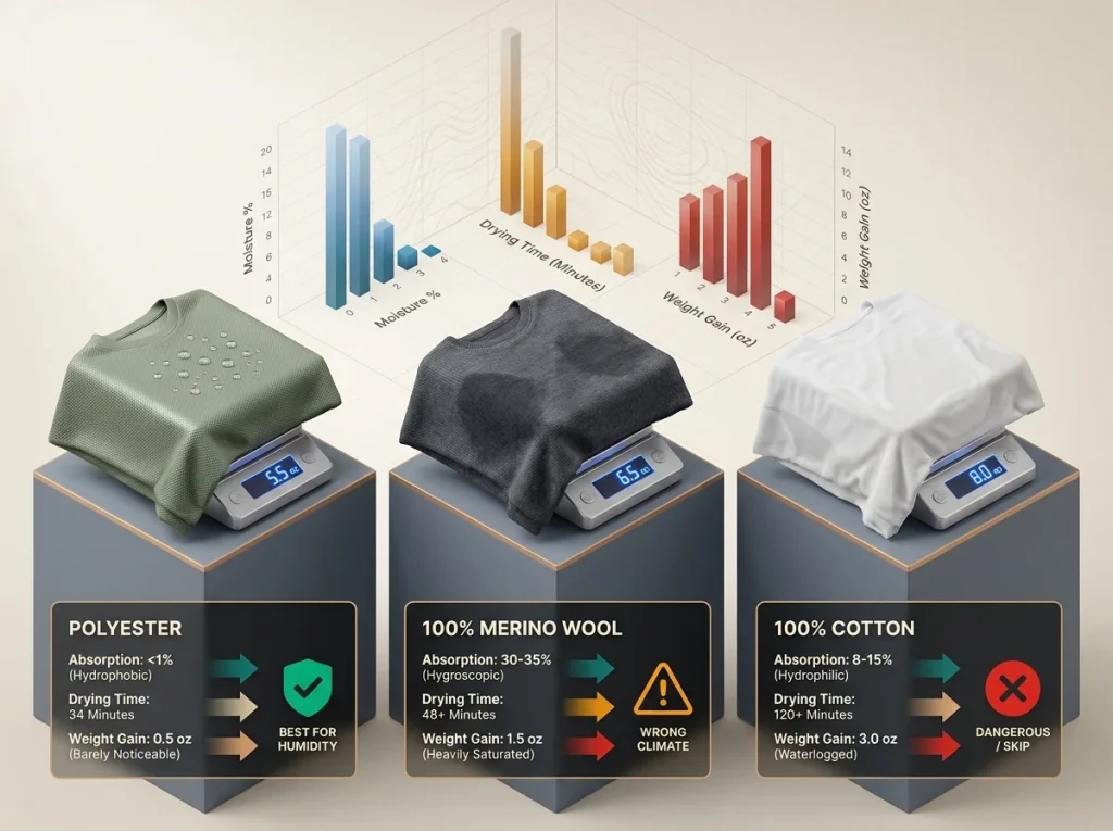 Infographic comparing Polyester, Merino, and Cotton moisture absorption, drying time, and wet weight gain on a scale