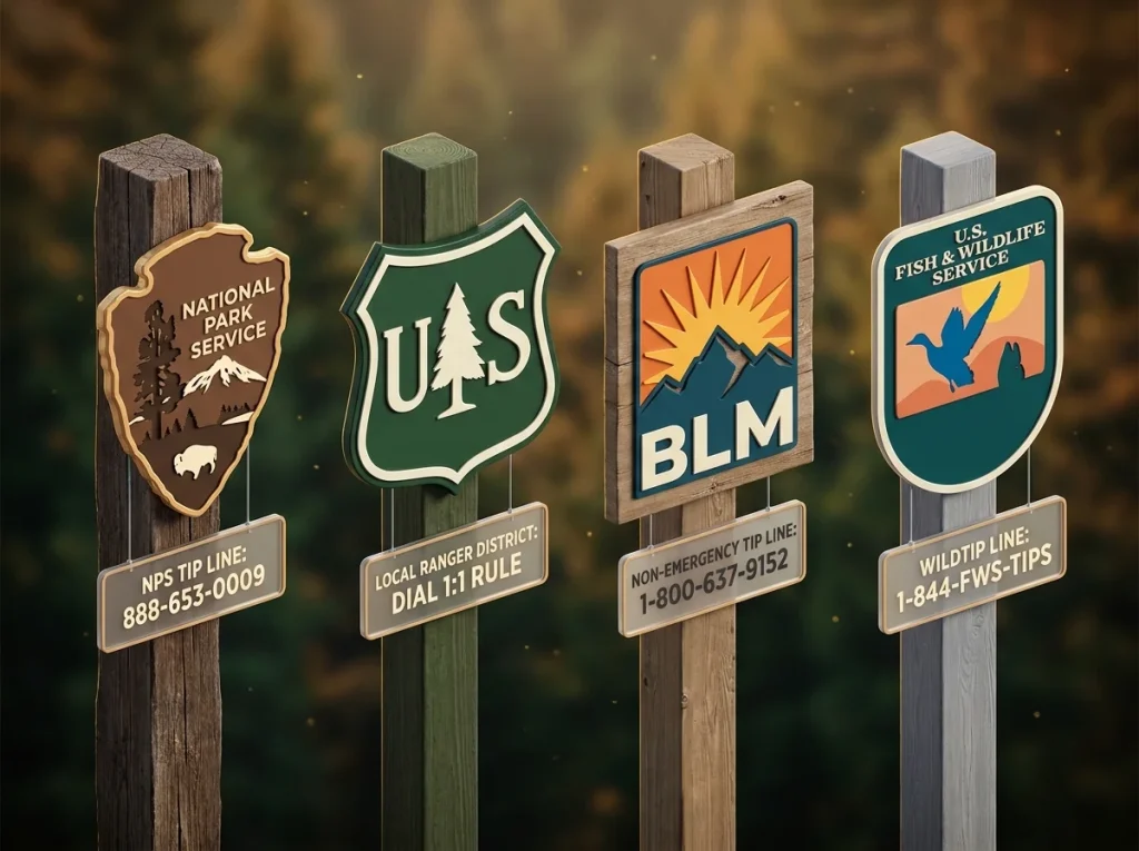 Infographic comparing NPS, USFS, BLM, and FWS sign styles with primary contact methods and agency logos