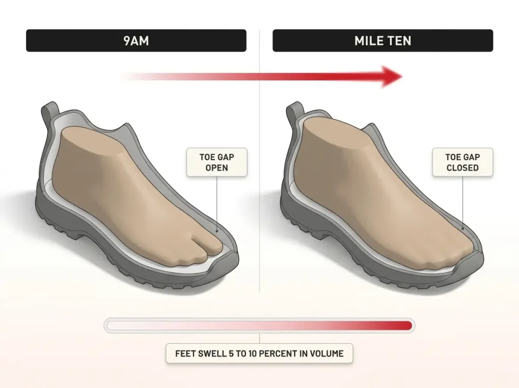 Two-panel infographic showing a foot filling a shoe from 9am to mile ten with swelling range labeled