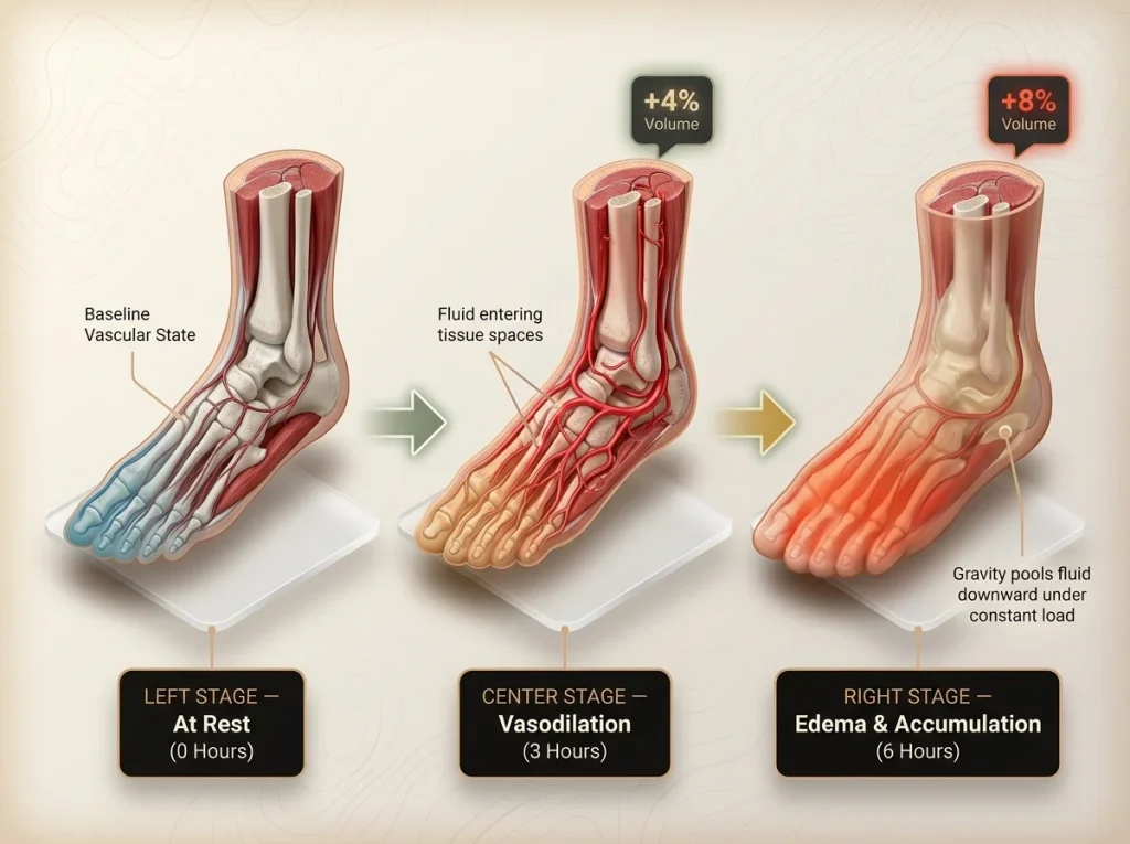 Infographic showing three stages of foot swelling during hiking with vasodilation indicators and fluid accumulation percentages