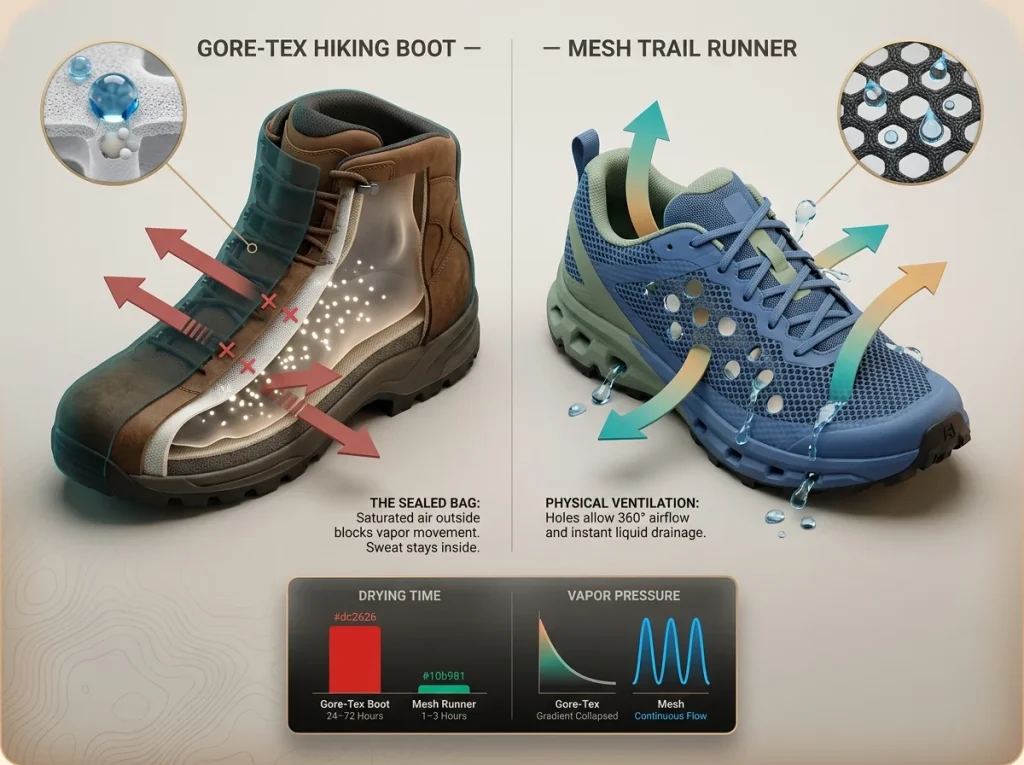 Cross-section comparison of a Gore-Tex boot and mesh trail runner showing blocked vapor vs physical drainage and drying times
