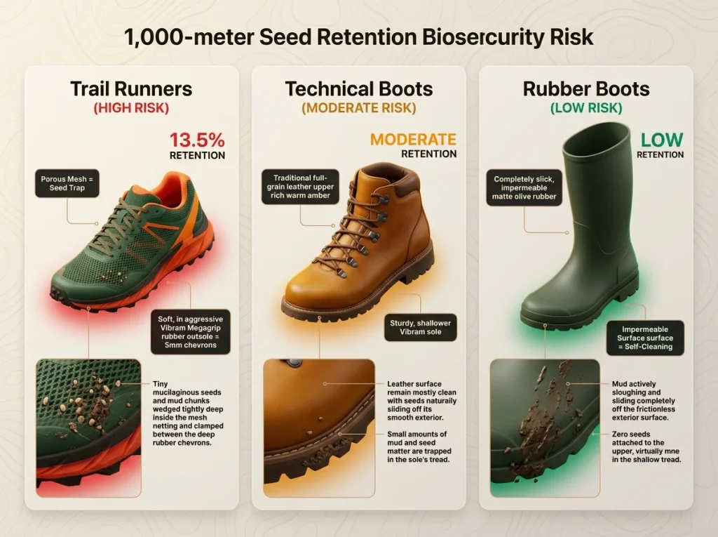 Infographic comparing seed retention risks at 1,000 meters across trail runners, technical boots, and rubber boots with material details