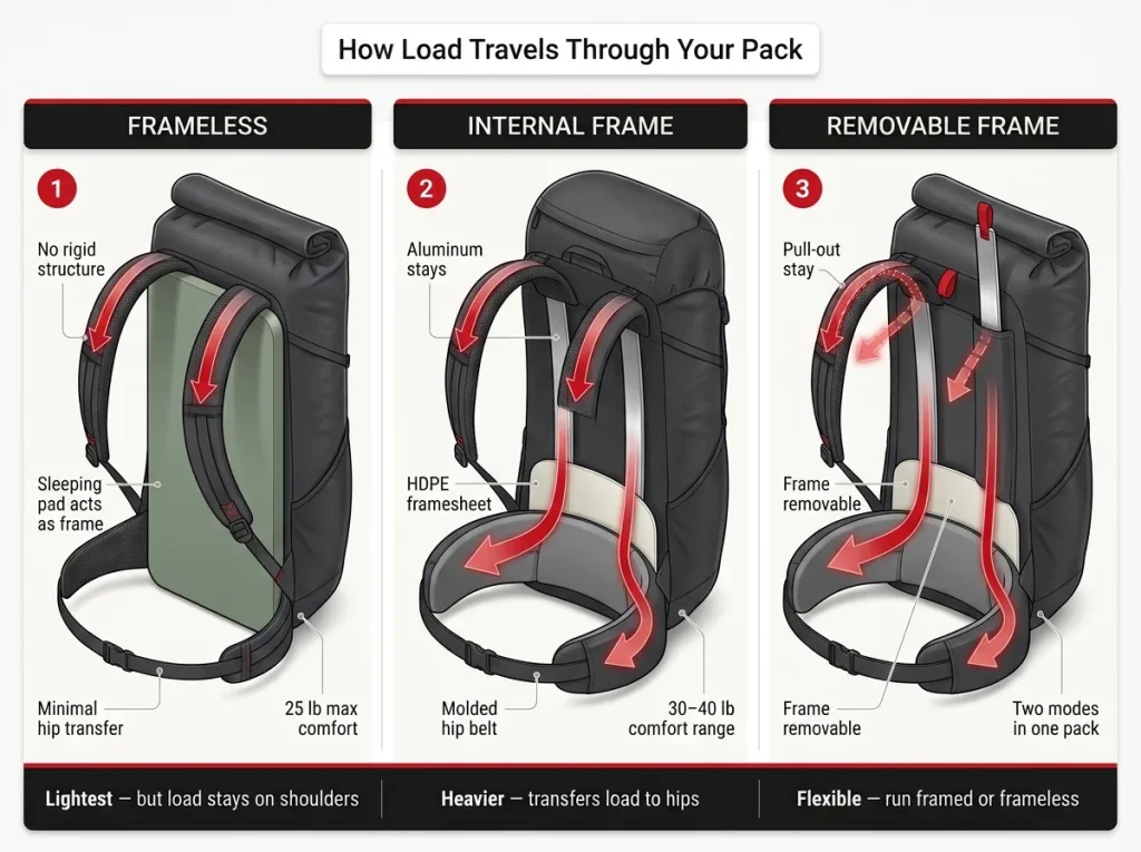 Cutaway diagram comparing frameless, internal-frame, and removable-frame backpacks with arrows showing load transfer from shoulders to hips on each design