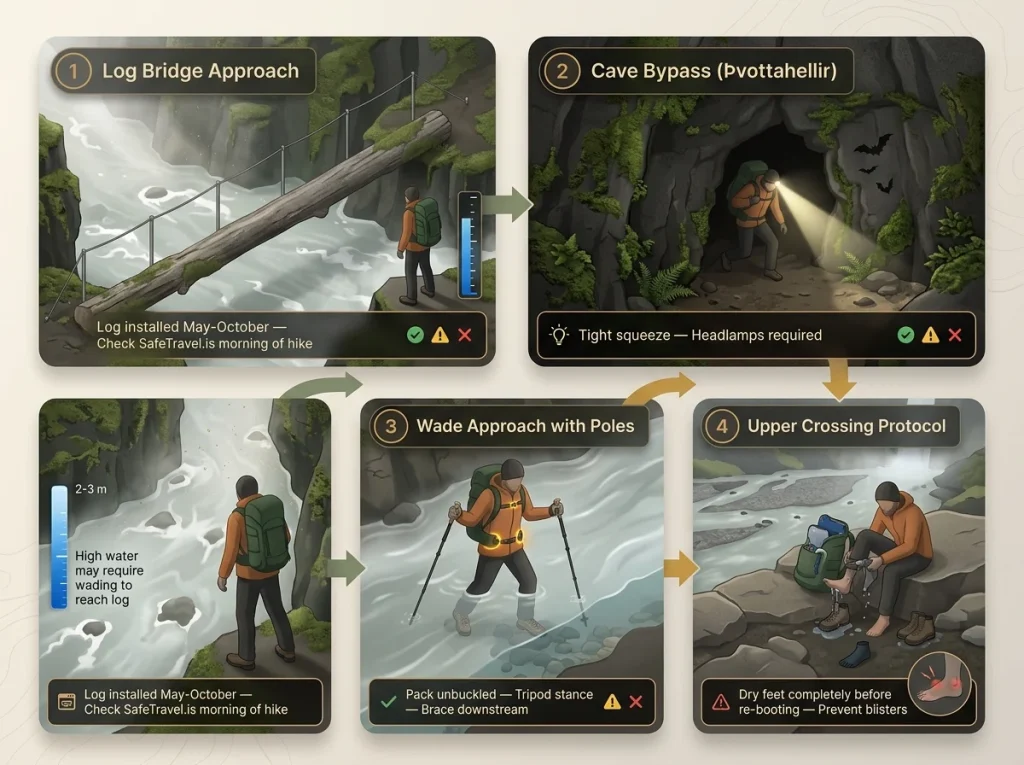 Four-frame sequence showing Glymur waterfall river crossing scenarios with tactical decision points for log, cave, and wade options