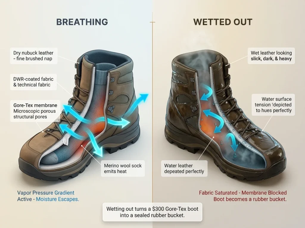 Infographic comparing active Gore-Tex breathability versus wetted-out boot trapping moisture inside