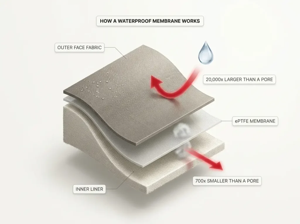 Infographic showing Gore-Tex shoe cross-section with labeled membrane layers, pore-size ratios, and raindrop-vs-vapor arrows