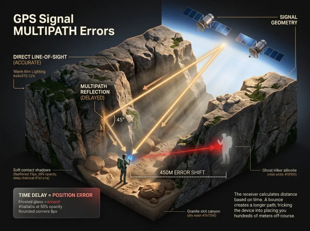 Infographic showing GPS multipath error in a granite slot canyon with labeled signal paths, time delay, and position error