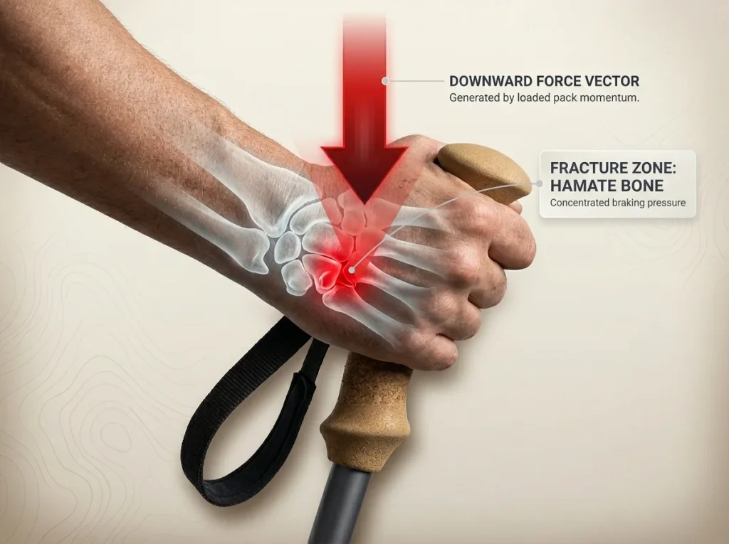 Infographic showing a hand gripping a trekking pole with skeletal X-ray overlay highlighting the hamate bone and downward braking force