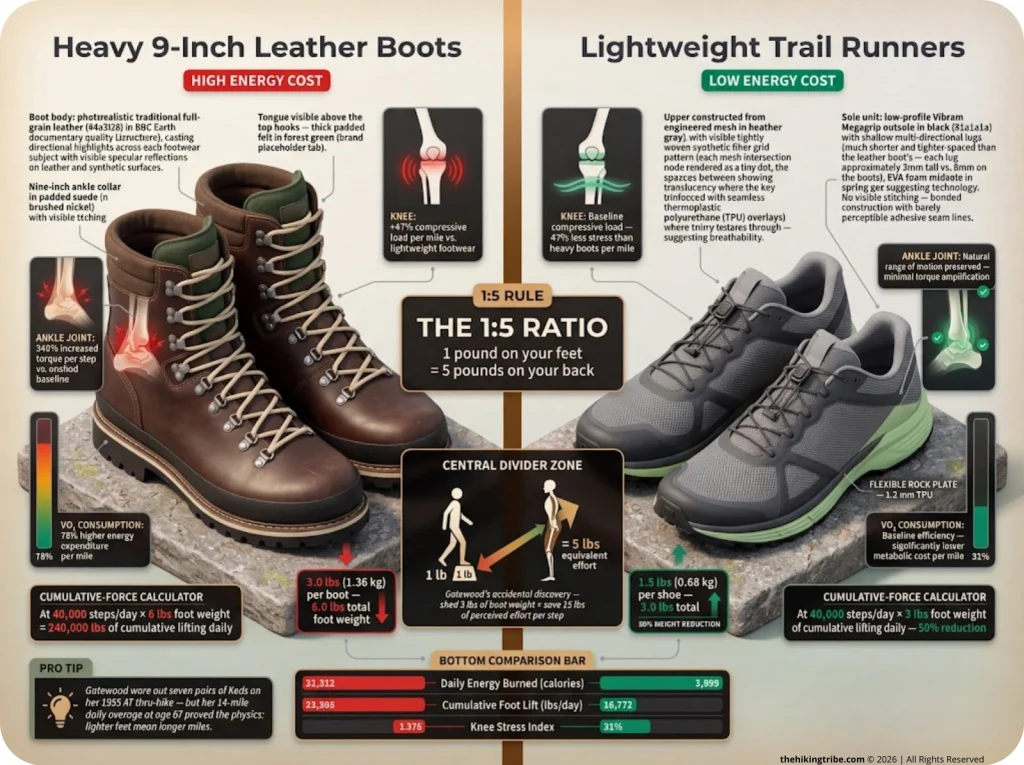 Infographic comparing oxygen consumption and joint load between heavy leather boots and lightweight trail runners with biomechanical labels