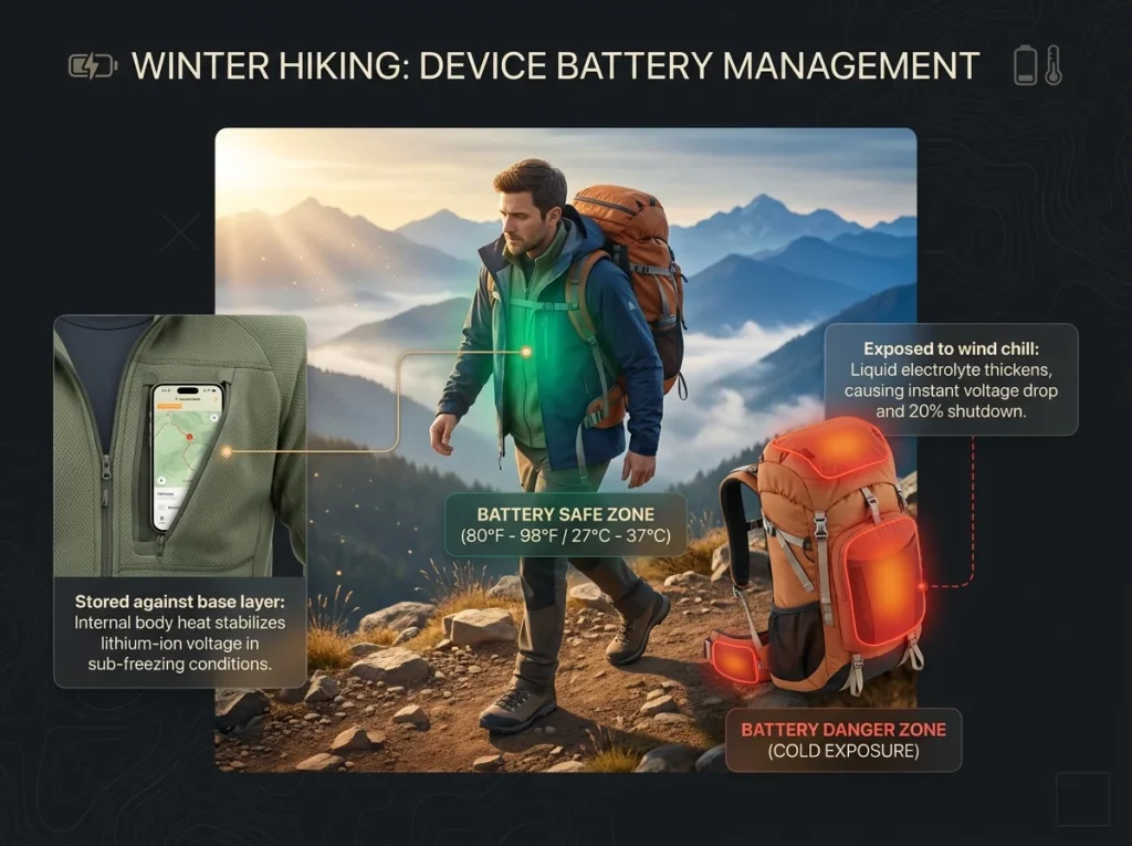 Infographic showing hiker body heat zones for smartphone battery protection with labeled safe and danger storage locations