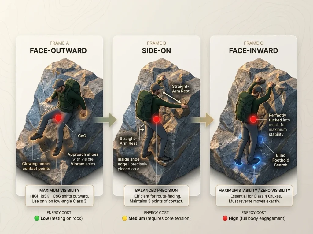 Infographic showing 3 frames of hiker descent positions on Class 4 rock with labeled center of gravity and energy ratings