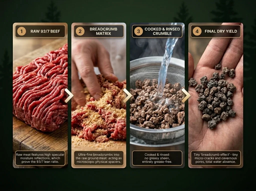 Photographic sequence showing 4 steps of dehydrating ground beef from raw mixed with breadcrumbs to final lightweight yield