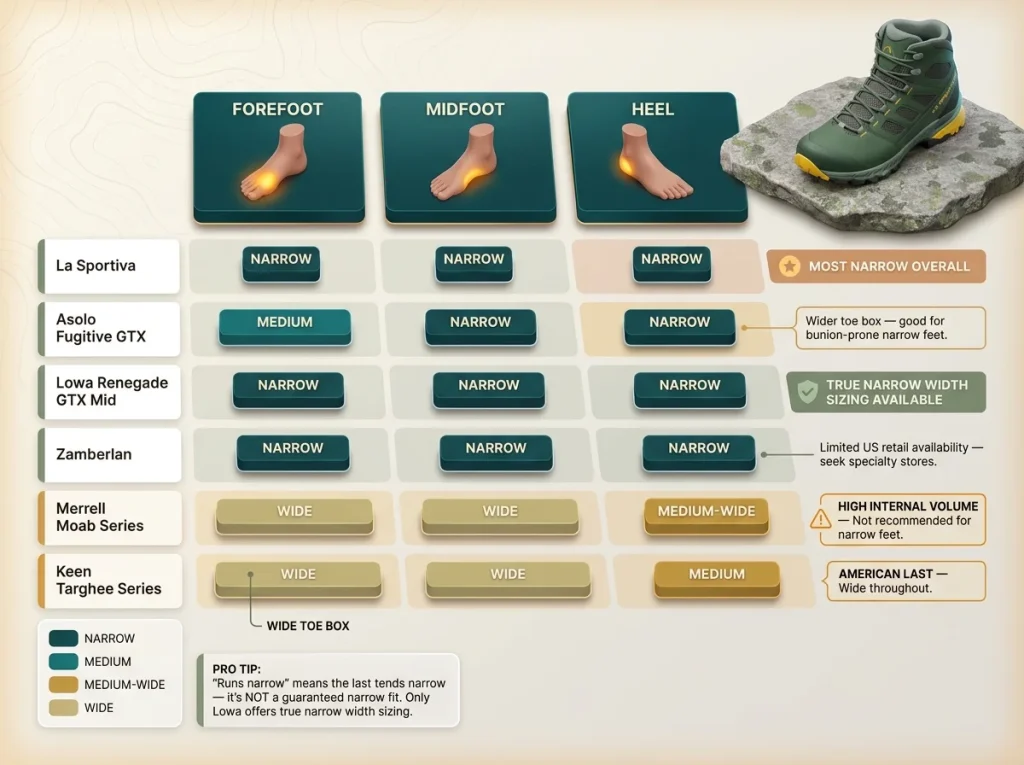 Infographic comparing hiking boot brand last widths at forefoot, midfoot, and heel with narrow/medium/wide ratings per zone