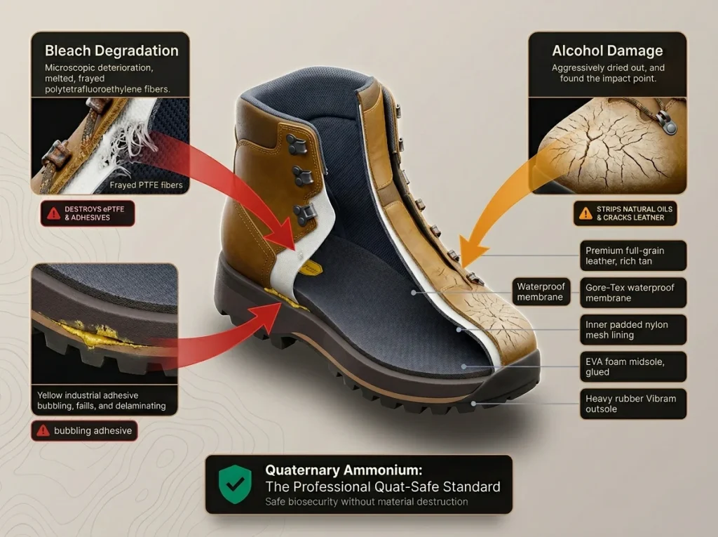 Infographic showing hiking boot anatomical cross-section with labeled chemical damage zones for bleach and isopropyl alcohol