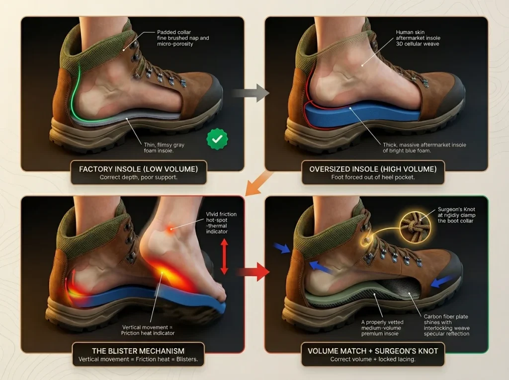 Infographic showing a 4-frame sequence of hiking boot heel lock mechanics comparing different insole volumes and lacing techniques