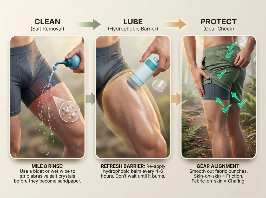 Three-panel sequence showing the clean-lube-protect routine for hiker chafe management in humid conditions