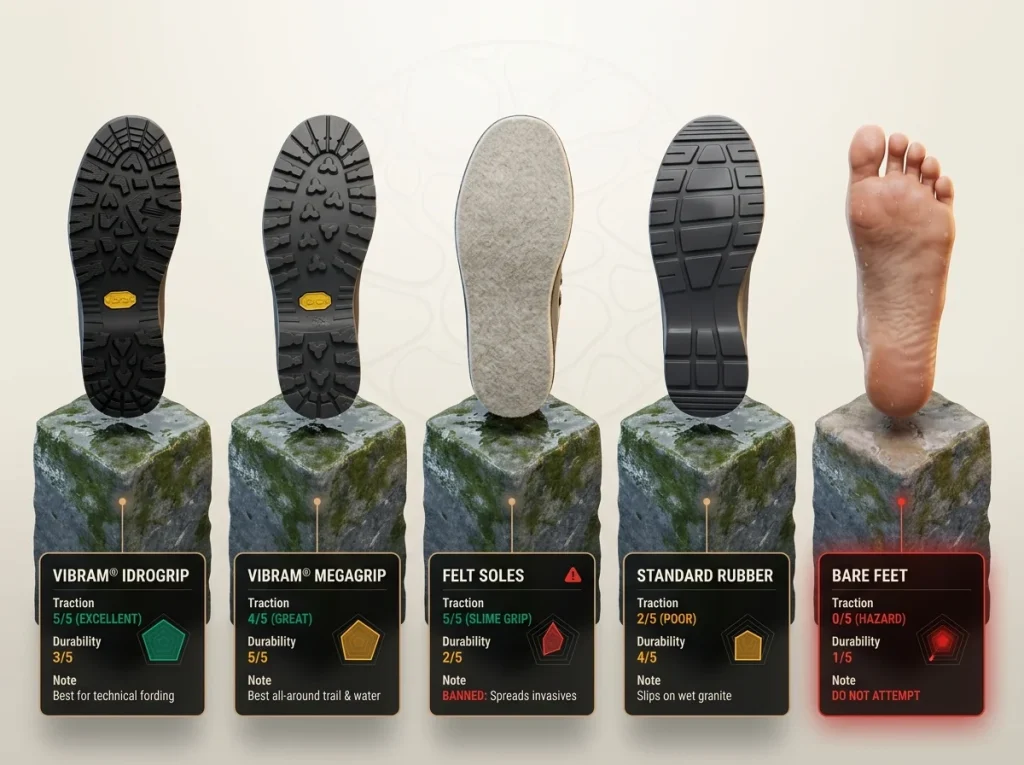 Infographic comparing footwear friction for river crossing with wet rock traction ratings for Vibram, felt soles, and bare feet