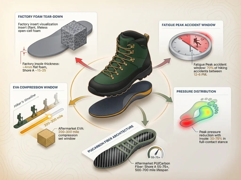 Infographic showing hiking insole performance metrics with 5 key data points on compression, longevity, and injury prevention