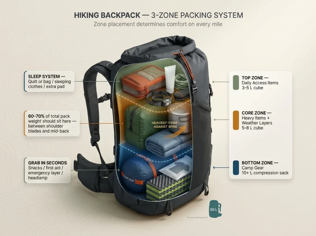 Infographic showing hiking backpack cross-section with 3 color-coded zones, cube sizes, and gear examples per zone
