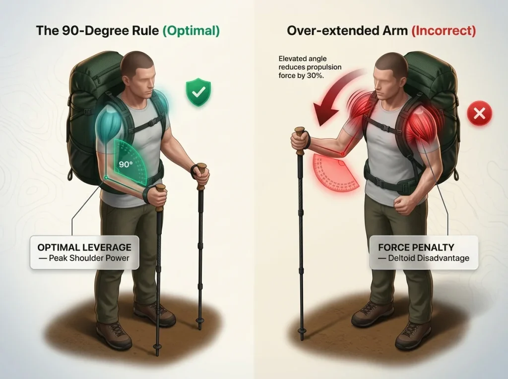 Infographic showing optimal trekking pole elbow angles and shoulder torque strain with too-long poles