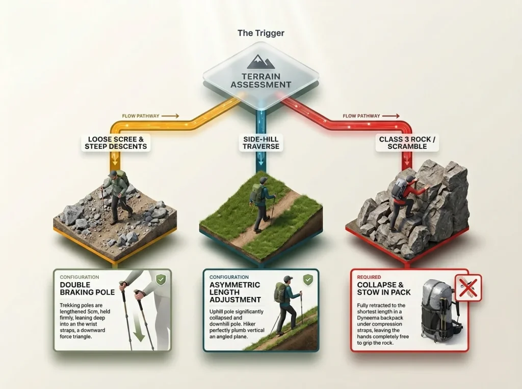 Infographic decision flowchart matrix for trekking pole configuration based on hiking terrain types