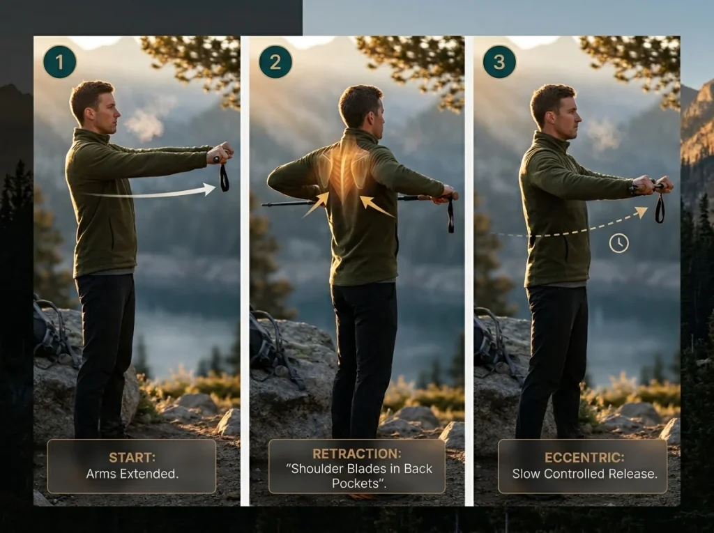 Photographic sequence showing scapular retraction and horizontal press exercise with trekking poles for hikers