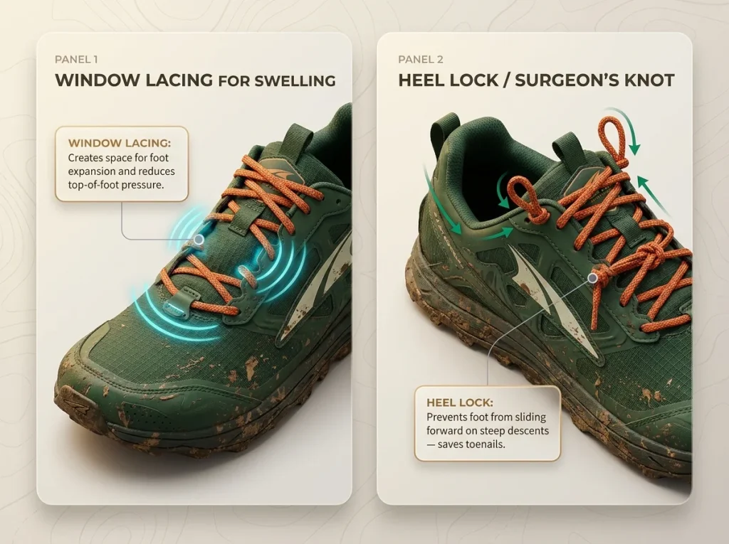 Infographic showing Window Lacing and Heel Lock techniques on a trail runner to manage swelling and prevent blisters