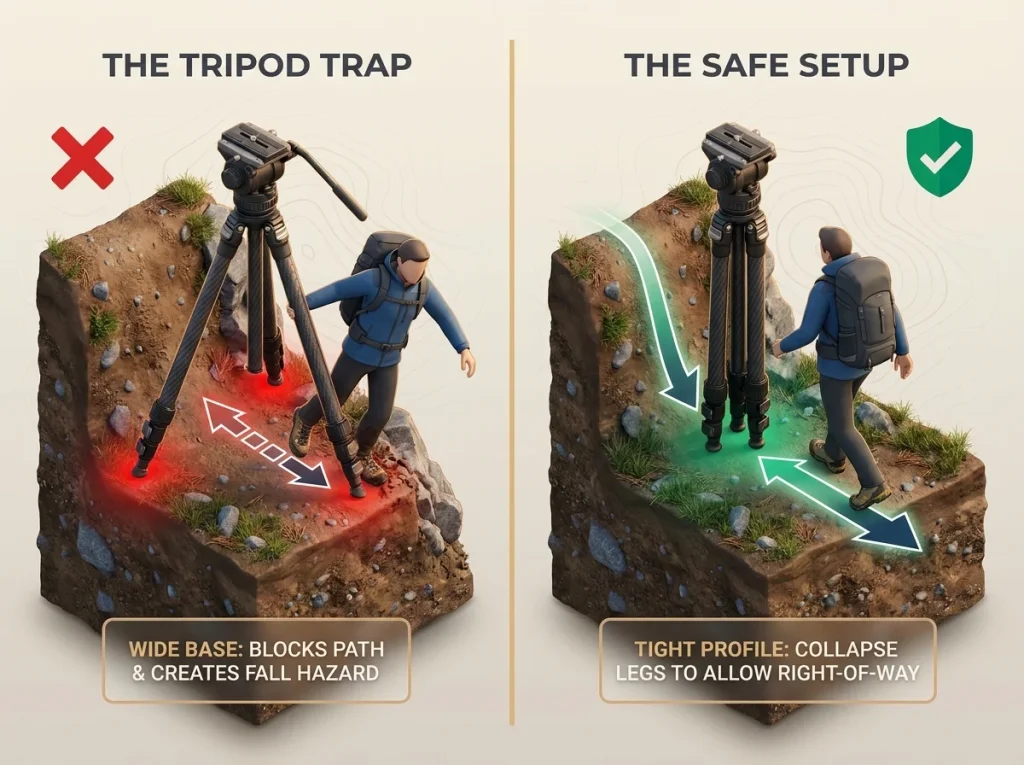 Infographic comparing a hazardously wide tripod blocking a narrow trail versus a safe, condensed setup for hikers.
