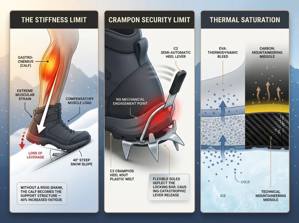 Infographic comparing three limits of hiking boots on technical terrain: muscle fatigue, crampon failure, and heat loss
