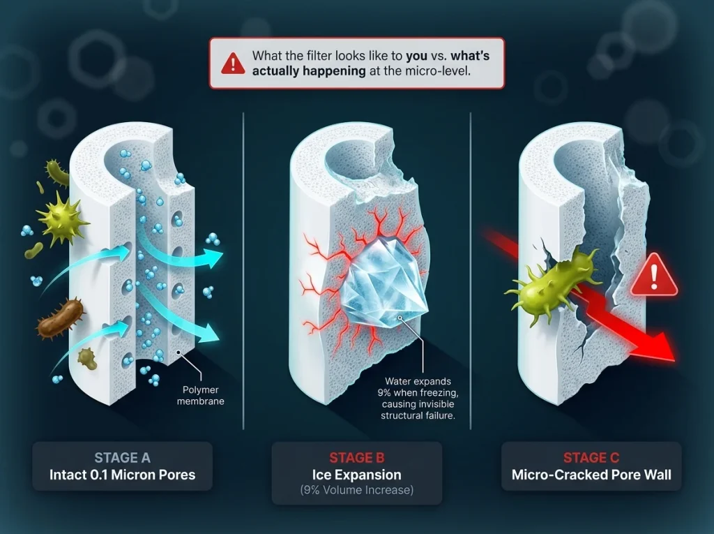 Infographic showing cross-section of hollow fiber water filter pores cracking from ice expansion and allowing pathogens
