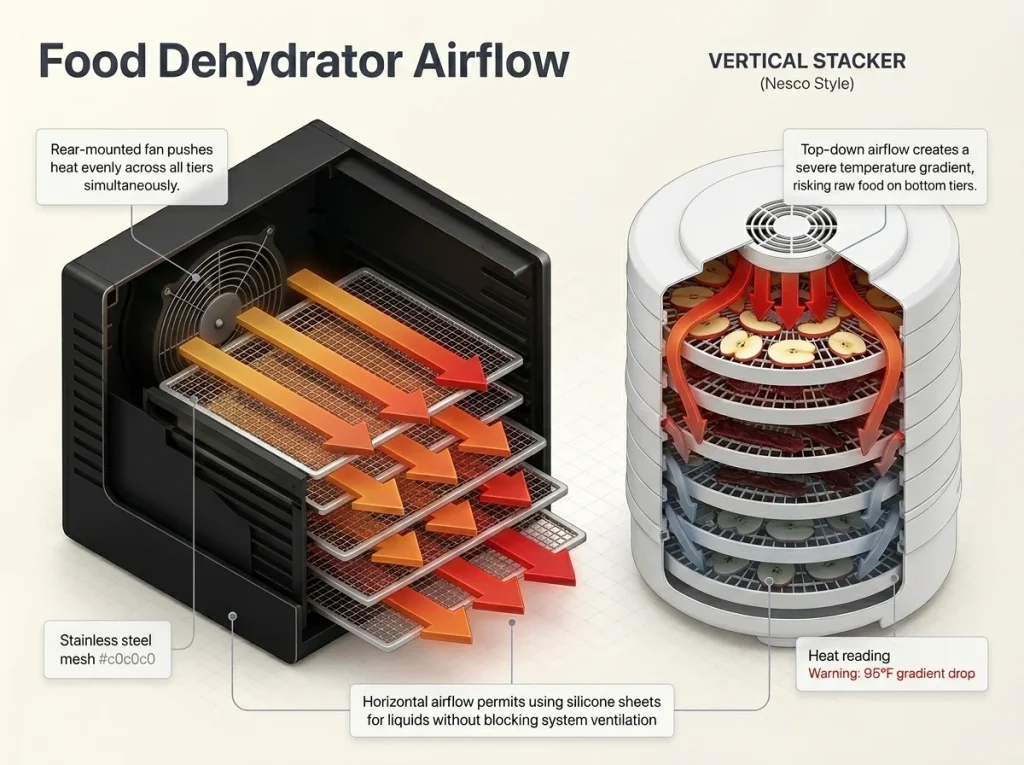 Infographic showing cross-section airflow diagrams comparing parallel heat in horizontal dehydrators to chaotic diminishing heat in vertical stackers