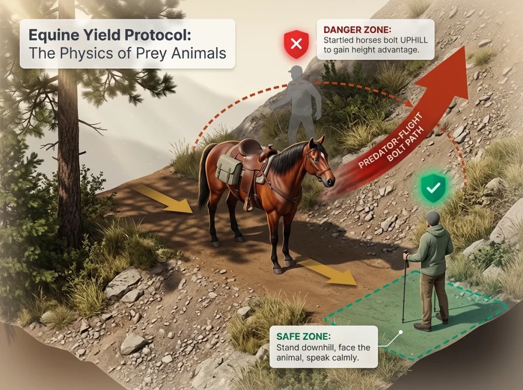 Infographic showing trail horse right-of-way protocol with correct downhill hiker position and uphill bolt risk trajectory