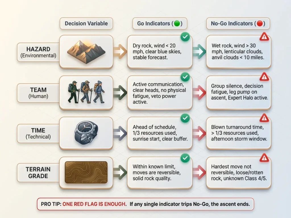 Infographic showing the HT-3 Go/No-Go matrix for hiking safety with environmental, human, and technical indicators