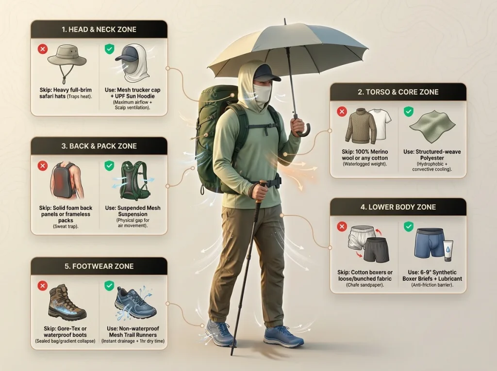 Full-body infographic skip list for humid hiking gear with "Skip This / Use This" callouts for head, torso, pack, and feet