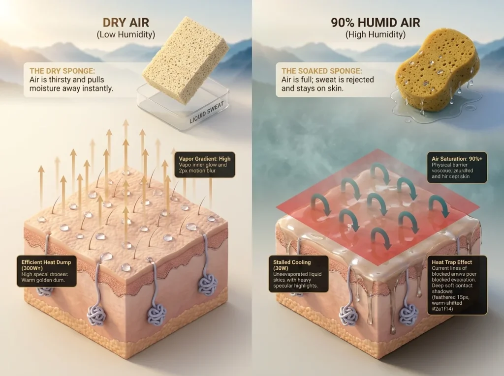 Infographic comparing sweat evaporation in dry vs humid air with skin cross-sections, vapor arrows, and sponge metaphor