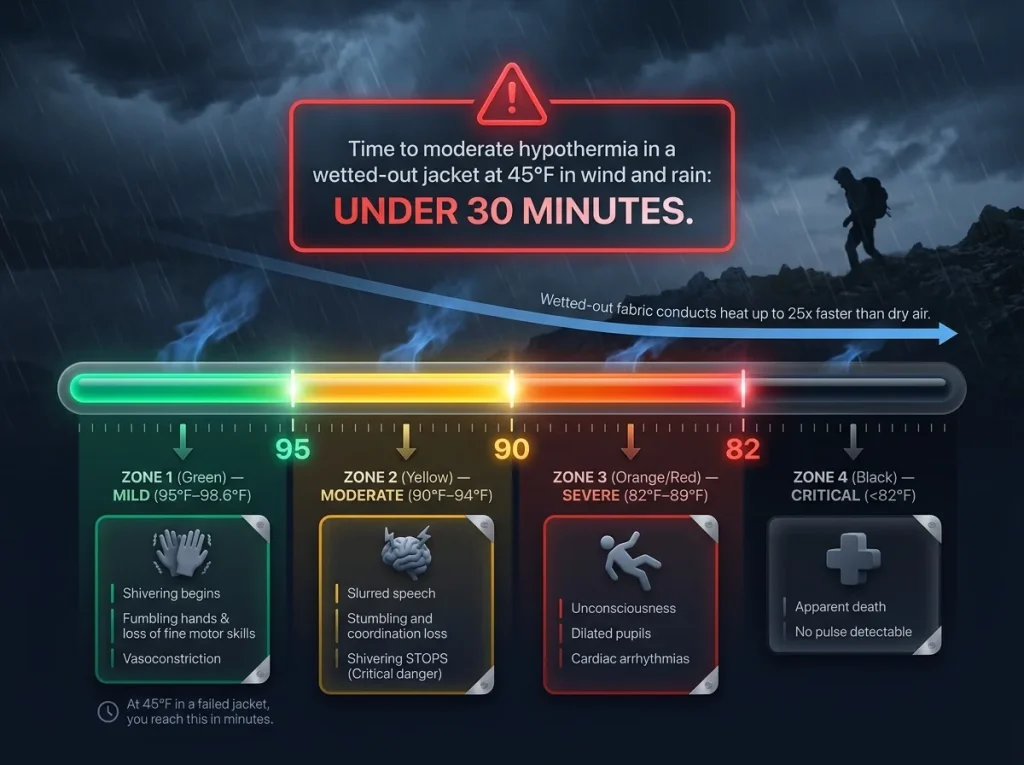 Infographic showing hypothermia symptom progression stages and temperature drops caused by a wetted-out hiking rain jacket