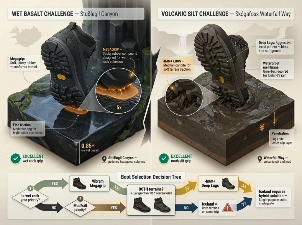 Split comparison of hiking boot soles showing Vibram Megagrip wet rock contact versus deep lug mechanical interlock on volcanic silt