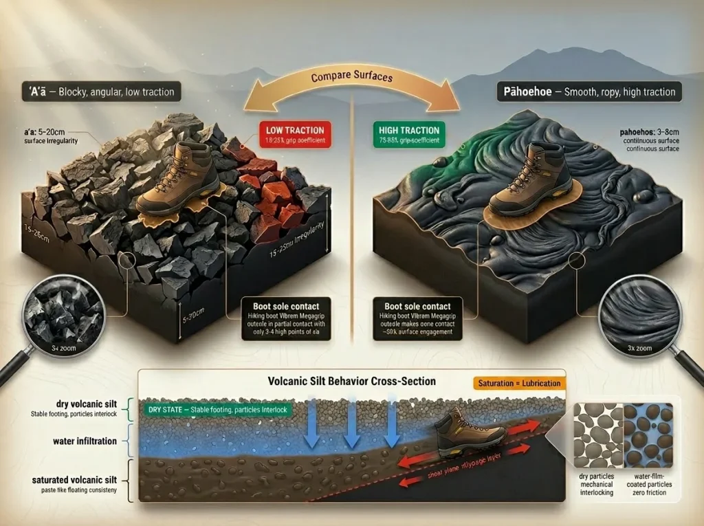Infographic comparing a'a and pahoehoe lava surface textures with traction levels, boot contact zones, and volcanic silt saturation behavior