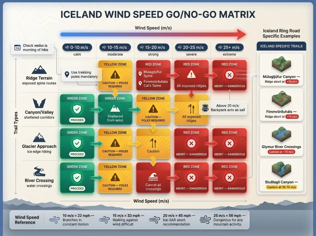 Decision matrix showing wind speed safety zones for Iceland hiking with trail-specific go/no-go recommendations and color-coded risk levels