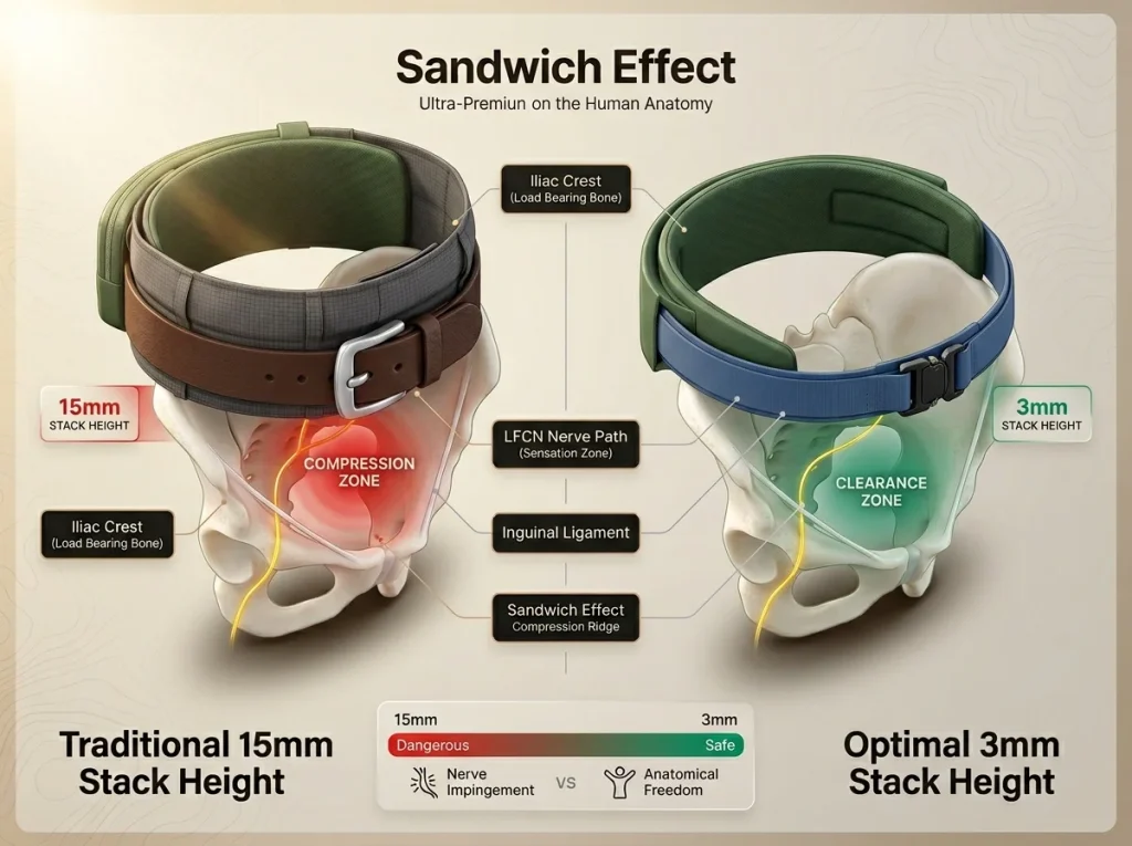 Infographic cross-section of iliac crest comparing 15mm vs 3mm belt stack height and LFCN nerve compression zones