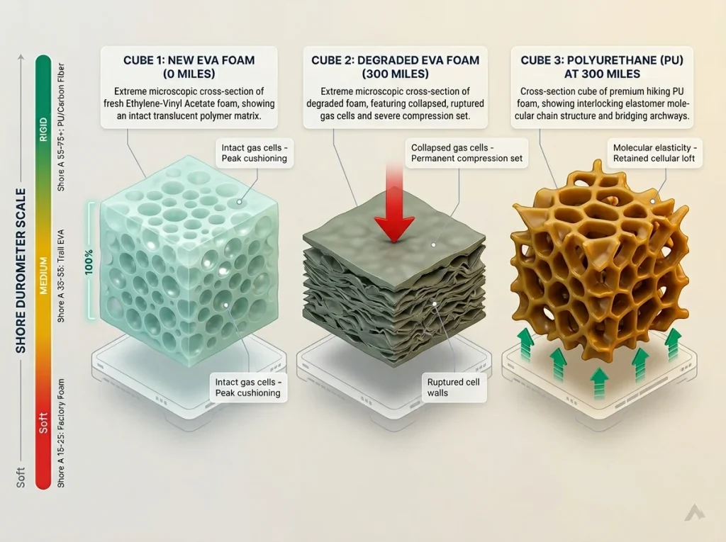 Infographic comparing molecular cross-sections of new EVA foam, 300-mile collapsed EVA, and resilient Polyurethane