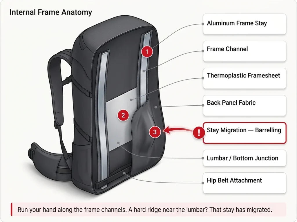 Annotated cutaway of an internal-frame hiking pack showing aluminum stays, framesheet, and the barrelling failure point at the lumbar panel.