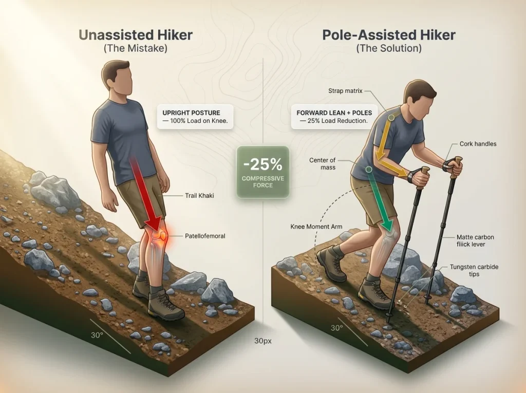 Infographic comparing knee biomechanics during downhill hiking to show unassisted upright posture versus pole-assisted forward lean