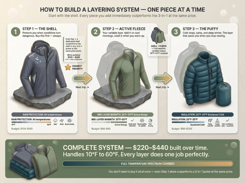 Infographic showing recommended purchase sequence for a layering system — shell first, fleece second, puffy third with costs and coverage