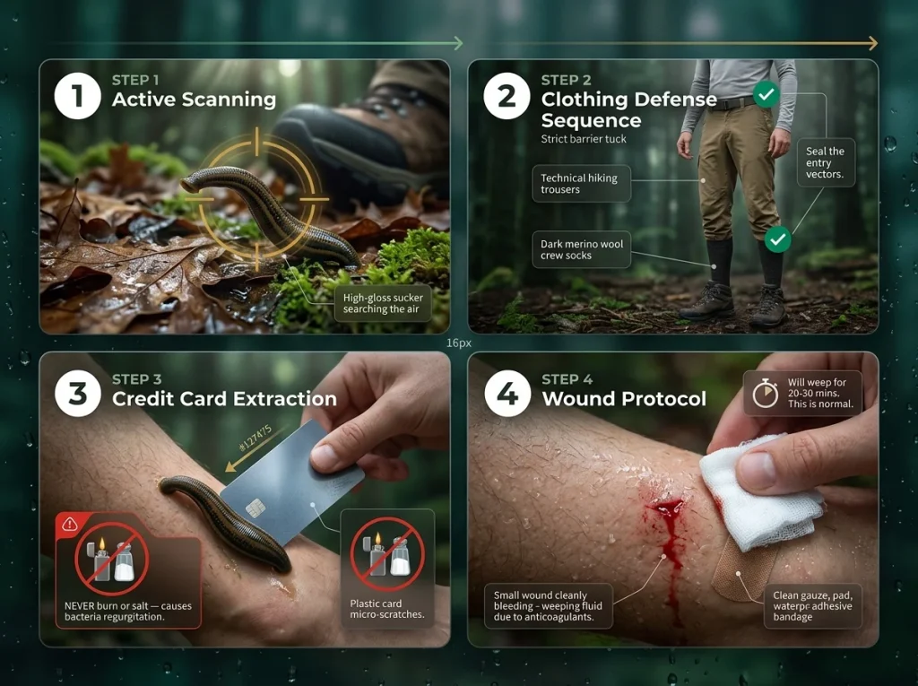 Infographic showing 4 steps for mountain leech protection including active scanning, clothing tucks, credit card extraction, and wound care