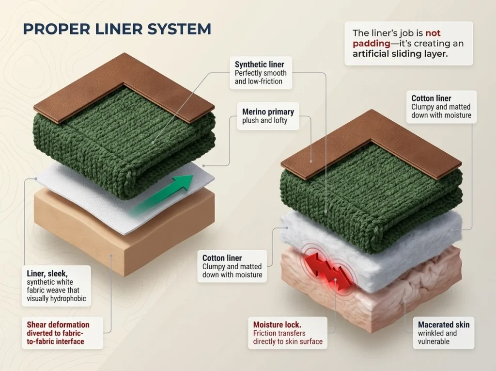 Infographic showing friction skin interface layers with liner sock versus cotton failure mode