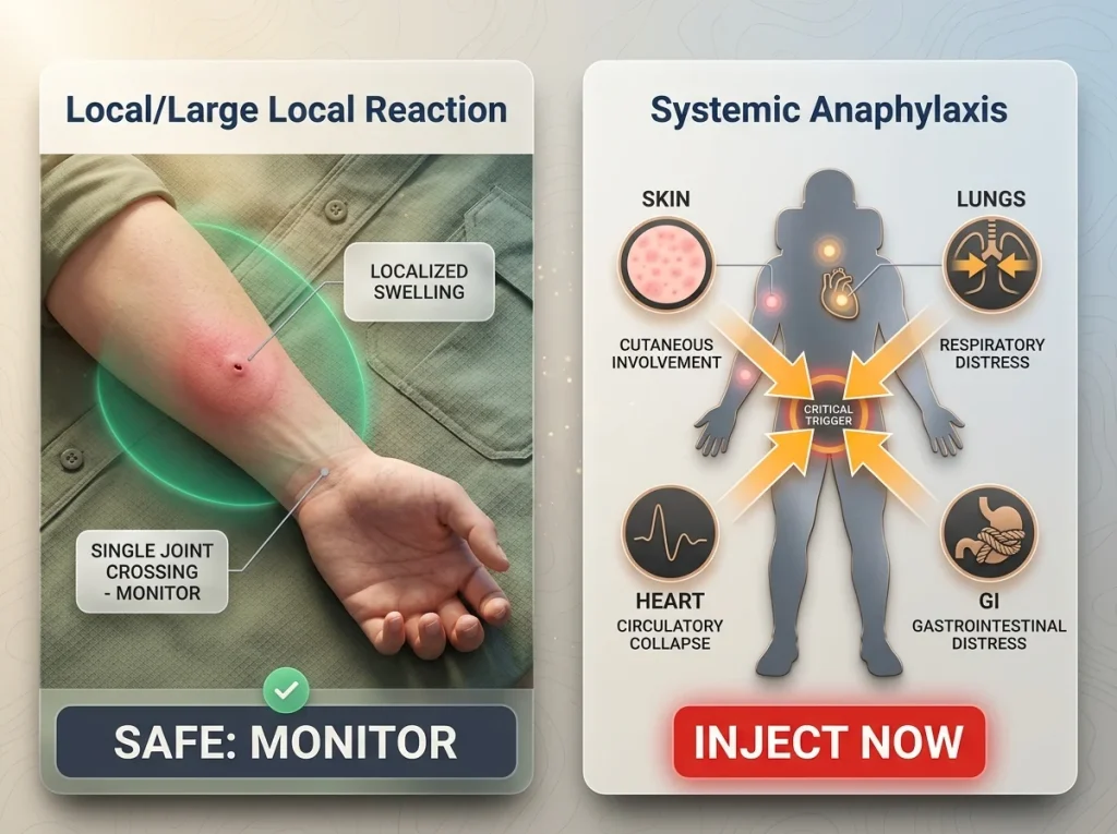Infographic comparing local sting reactions and systemic anaphylaxis with labeled two-system rule and injection trigger.